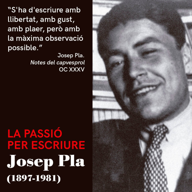 Imatge d'un jove Josep Pla davant la seva biblioteca al Mas Pla, al costat de la imatge gràfica de l'exposició permanent de la Fundació Josep Pla.