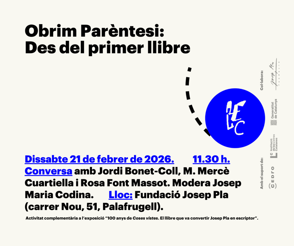 Cartell blanc, negre i blau elèctric, amb les dades de l'acte i el logo de l'AELC.