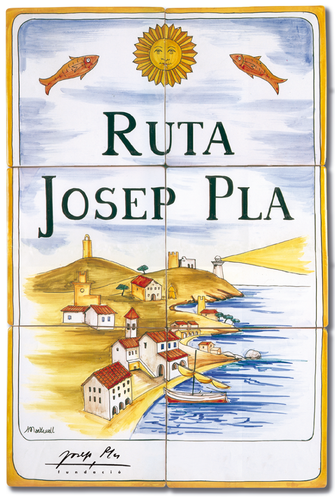 Rajola de la Ruta Josep Pla amb un dibuix de Josep Martinell del territori litoral de Palafrugell: Sant Sebastià amb el Far, Llafranc i Calella.