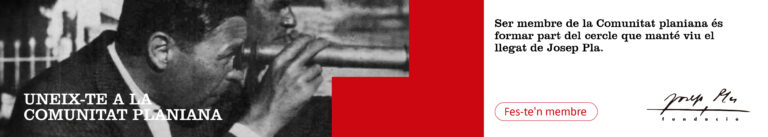 Fotografia de Josep Pla mirant per una ullera de llarga vista. Publicitat de la Comunitat planiana de la FJosepPla